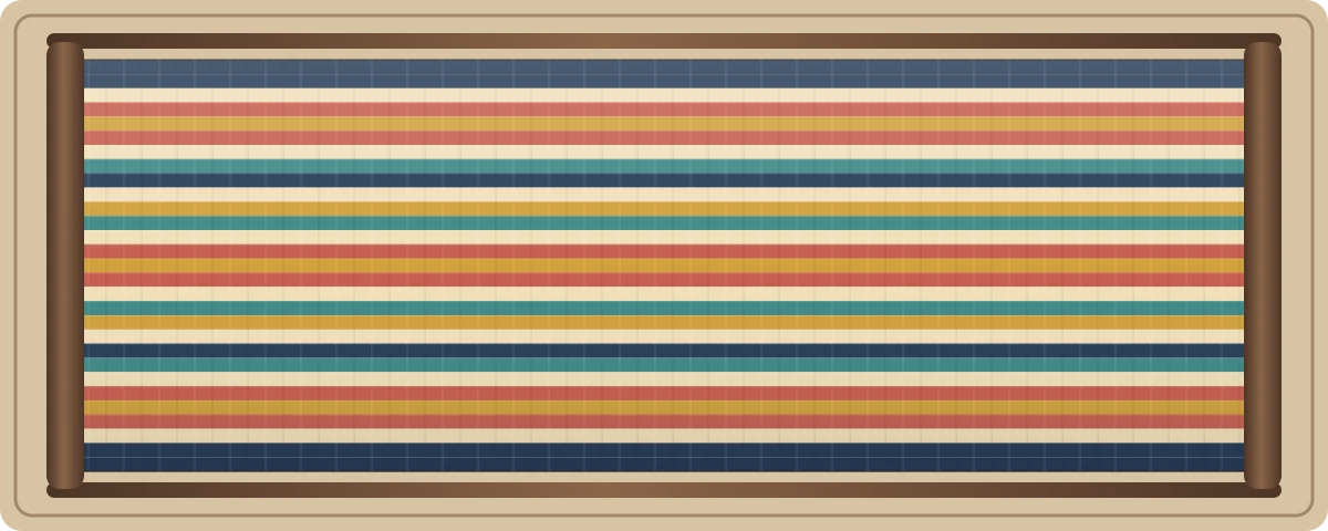 Night Market free plain-weave inkle loom pattern with 29 warp threads in Night indigo, Warm coral, Market gold, Turquoise, Lantern cream