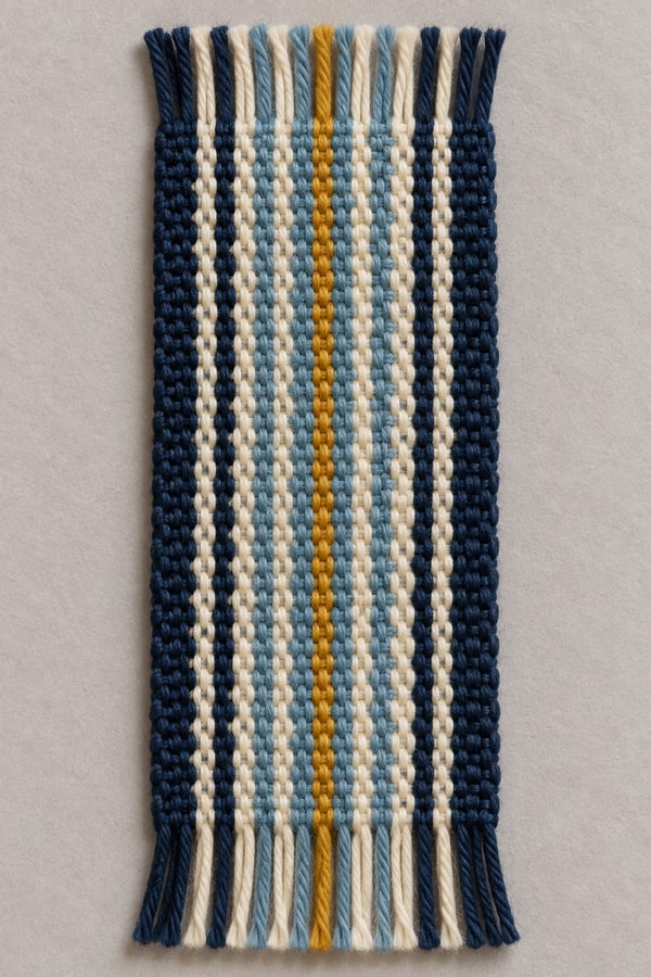 Maker-provided photo of the Quiet Harbor woven sample, with navy, cream and light-blue stripes and a gold center end