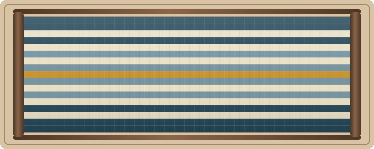 Quiet Harbor free plain-weave inkle loom pattern with 17 warp threads in Harbor navy, Unbleached oat, Distant sky, Brass marker
